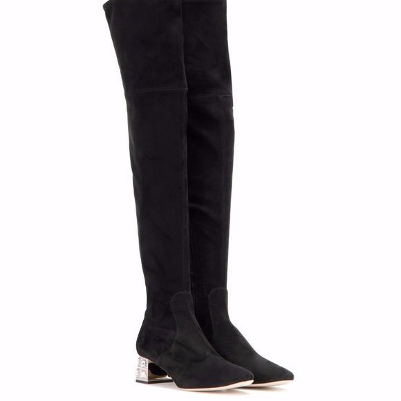 Miu Miu Crystal Embellished Heel Suede OTK BOOTS - Picture 4 of 4